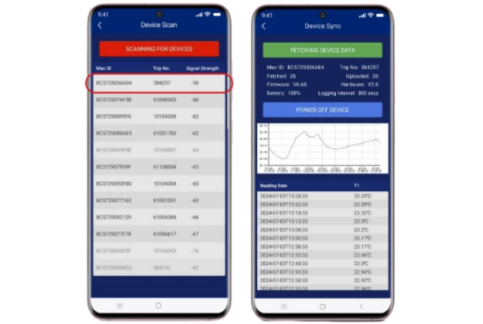 Bluetooth Logger 40980-01 mobil uygulama görünümü